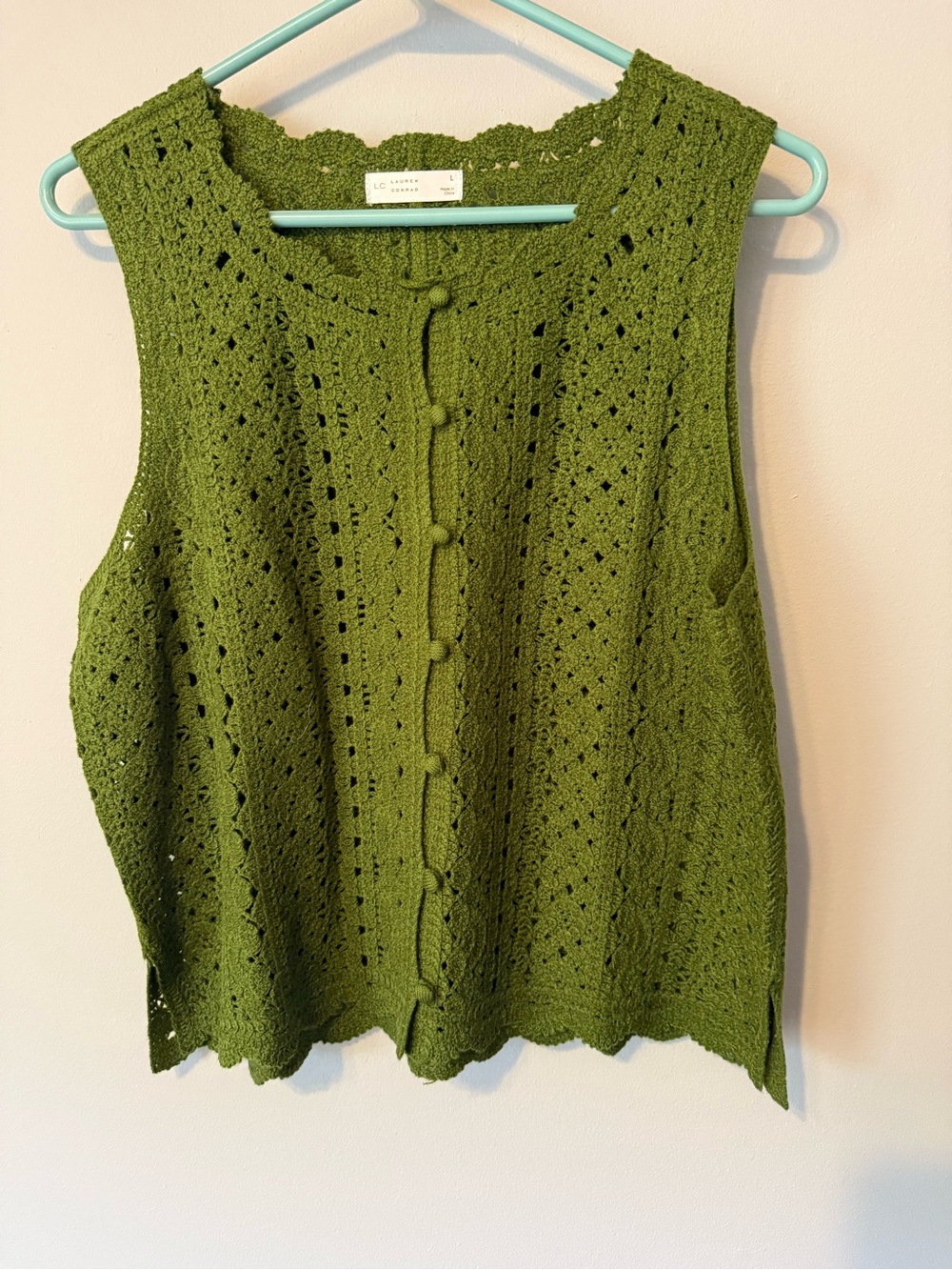 LC Lauren Conrad Olive Crochet Button-Front Vest